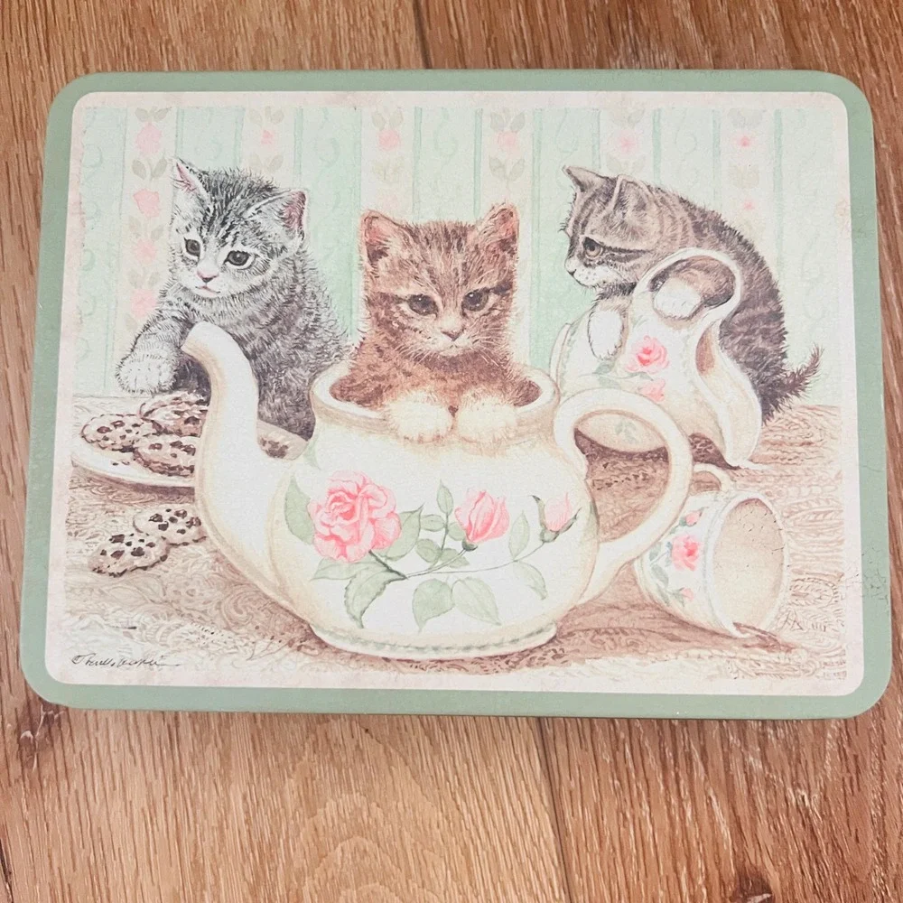 Vtg Keller Charles Philadelphia Kitten Teapot Tin Decorative Metal Box Green